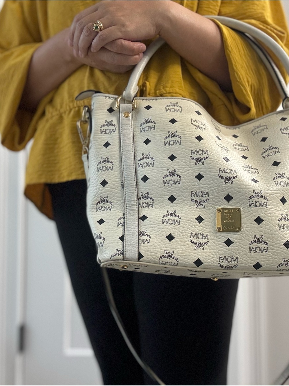 MCM Cream Logo-Print Leather Shoulder Bag